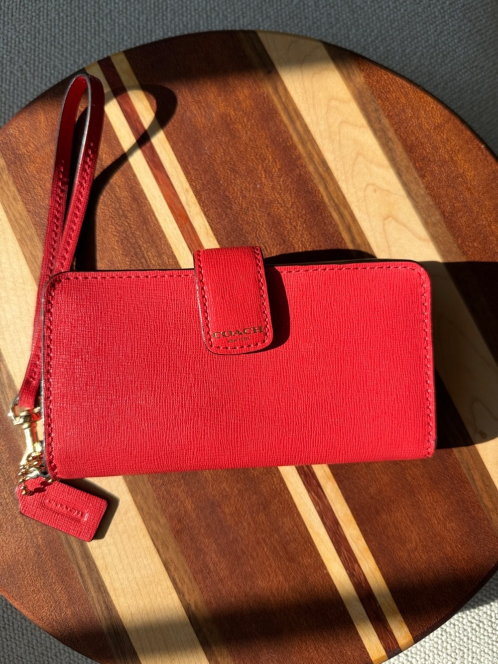 Coach Red Leather Wristlet Clutch with Gold Accents